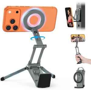 OMOTON TP02 360°Rotating for MagSafe Tripod Mount, Adjustable Aluminum Magnetic Phone Tripod for iPhone 17/16/15/14 Pro Max Air, Foldable Cell Phone Stand Fits Vlog, Gym, Travel Essentials, Navy Blue(2-Gray)
