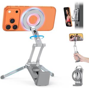 OMOTON TP02 360°Rotating for MagSafe Tripod Mount, Adjustable Aluminum Magnetic Phone Tripod for iPhone 17/16/15/14 Pro Max Air, Foldable Cell Phone Stand Fits Vlog, Gym, Travel Essentials, Navy Blue(5-Silver)