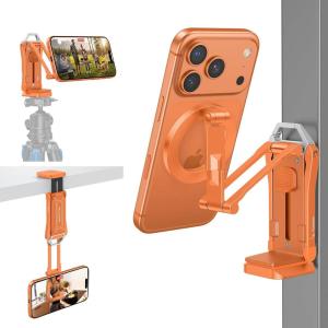OMOTON TP02-Pro Magnetic Phone Holder for Vlogging, Content Creator Essentials with 1/4″ Screw, Arca, Strong Back Magnet for Gym, Adjustable Phone Stand & Selfie Stick for iPhone 12-17 Series, Orange(Orange)