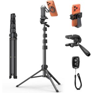 OMOTON TP02-Pro Magnetic Phone Holder for Vlogging, Content Creator Essentials with 1/4″ Screw, Arca, Strong Back Magnet for Gym, Adjustable Phone Stand & Selfie Stick for iPhone 12-17 Series, Orange(Black Set)