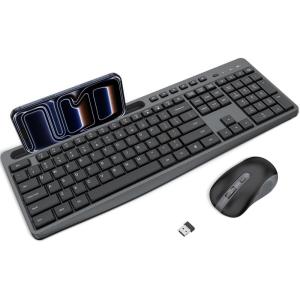 Wireless Keyboard and Mouse Combo, 2.4G Full Size Silent Keyboard with Phone Holder, 3 Level DPI＆Quiet Click Mouse, OMOTON Ergonomic USB Cordless Keyboard Mice for Computer/Laptop/Windows (BlackGrey)