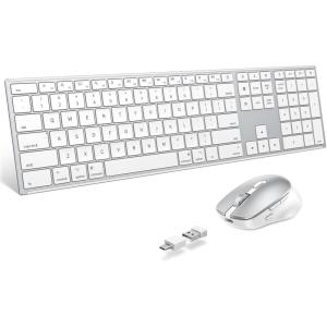 Wireless Keyboard and Mouse for Mac – 2.4G & Dual Bluetooth (BT1/BT2), OMOTON Forged Metal Frame Full Size Ultra Slim Bluetooth Keyboard Mouse Combo for MacBook/iMac/Mac mini, White