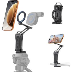 OMOTON Content Creator Essentials with Dual Magnetic Ring–Front for iPhone, Rear for Photo Gear, 360° Rotatable Phone Tripod with 1/4″ Screw, Selfie Stick for Vlogging, Kitchen, Gym