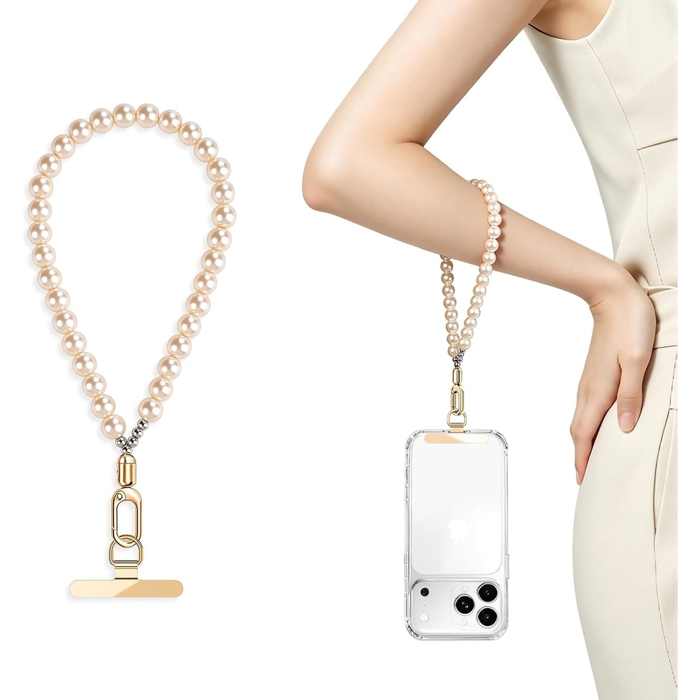 image:imagesaxsion Beaded Phone Charm Fixed Beads Pearl Wrist Strap for Women Anti Theft Phone Chain with Tether TabChampagne Gold