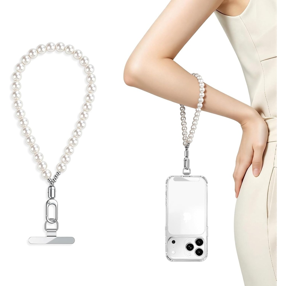 image:imagesaxsion Beaded Phone Charm Fixed Beads Pearl Wrist Strap for Women Anti Theft Phone Chain with Tether TabPearl White