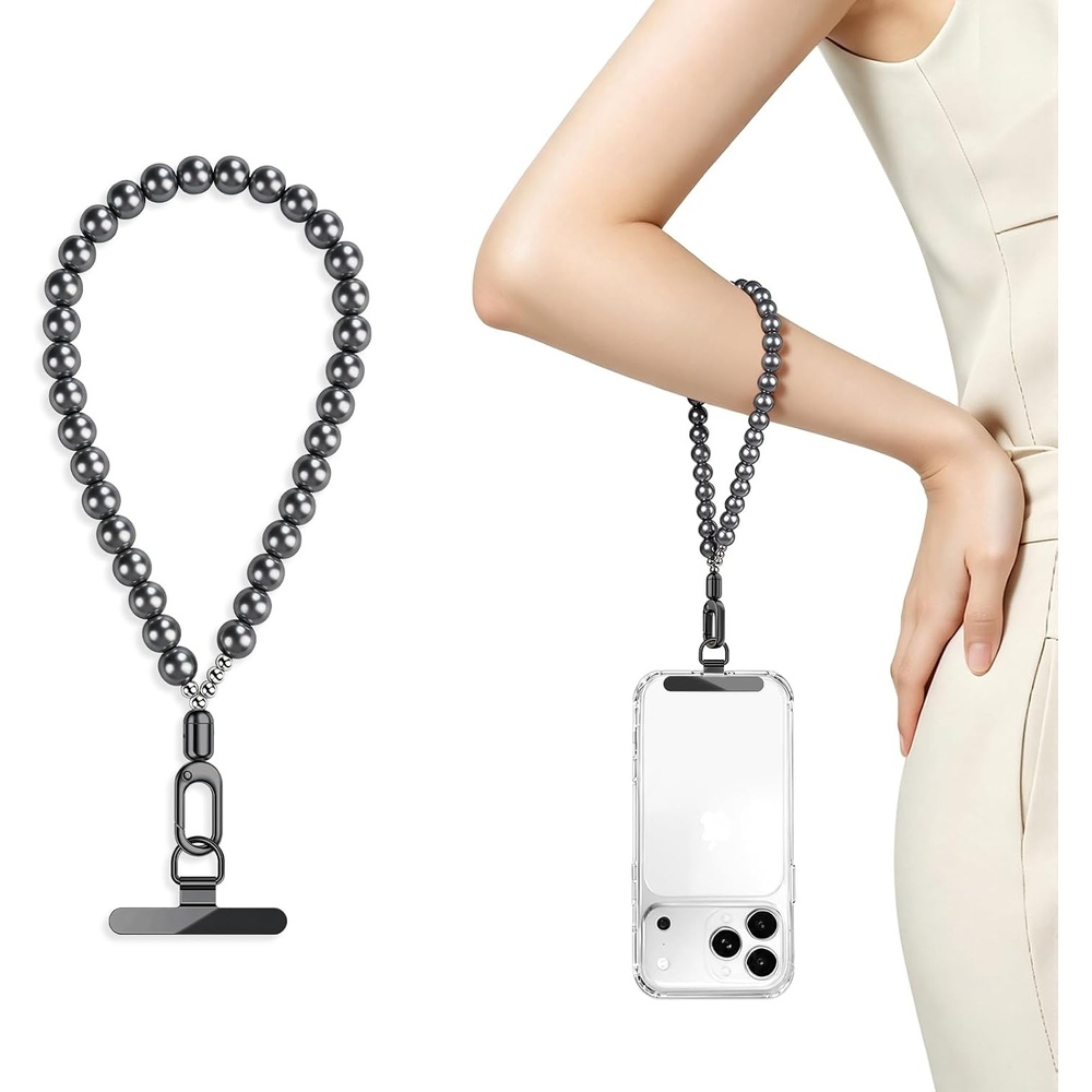 image:imagesaxsion Beaded Phone Charm Fixed Beads Pearl Wrist Strap for Women Anti Theft Phone Chain with Tether TabPremium Gray