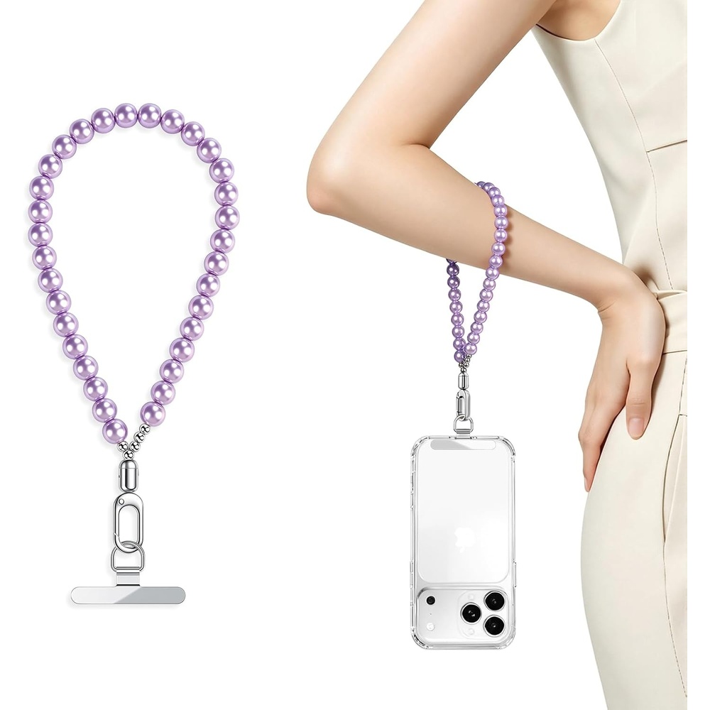 image:imagesaxsion Beaded Phone Charm Fixed Beads Pearl Wrist Strap for Women Anti Theft Phone Chain with Tether TabPurple