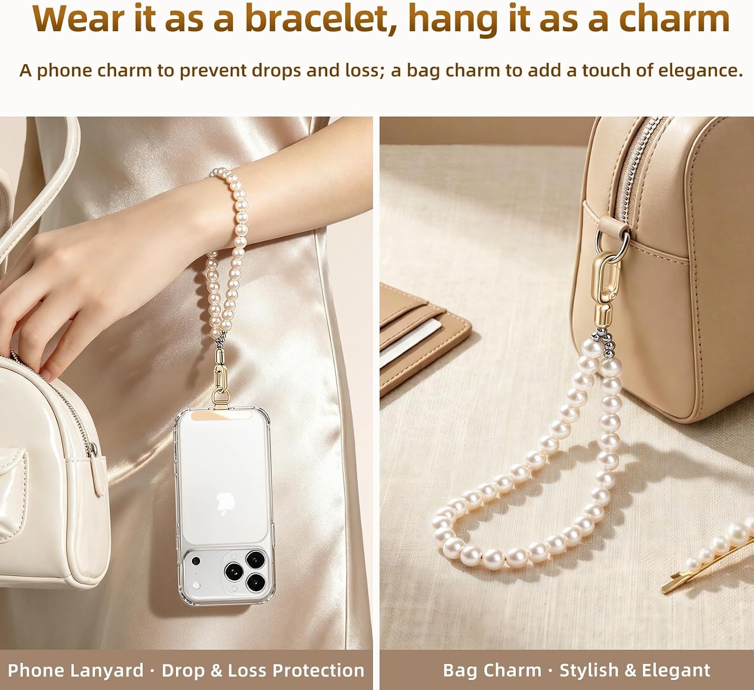 image:imagesaxsion Beaded Phone Charm Fixed Beads Pearl Wrist Strap for Women Anti Theft Phone Chain with Tether TabPremium Gray