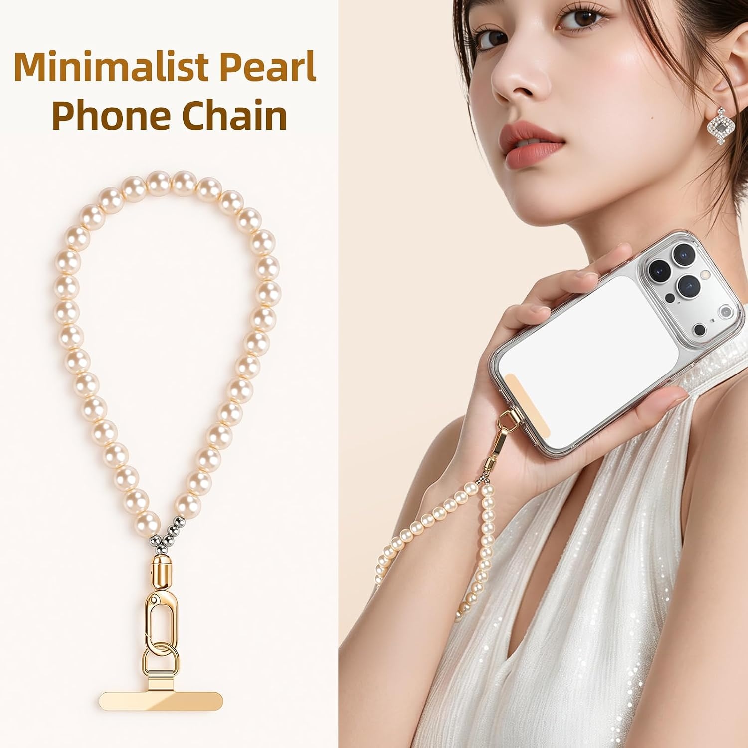 image:imagesaxsion Beaded Phone Charm Fixed Beads Pearl Wrist Strap for Women Anti Theft Phone Chain with Tether TabPremium Gray