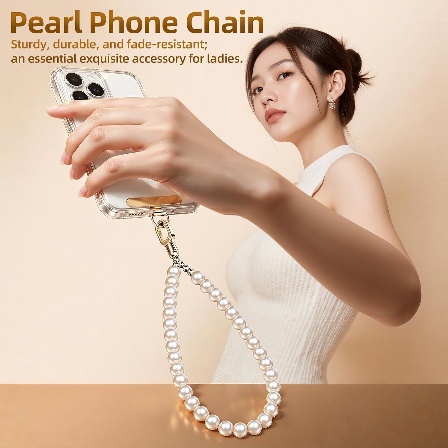 image:imagesaxsion Beaded Phone Charm Fixed Beads Pearl Wrist Strap for Women Anti Theft Phone Chain with Tether TabPurple