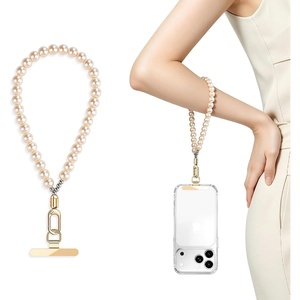 saxsion Beaded Phone Charm, Fixed Beads Pearl Wrist Strap for Women, Anti Theft Phone Chain, with Tether Tab(Champagne Gold)