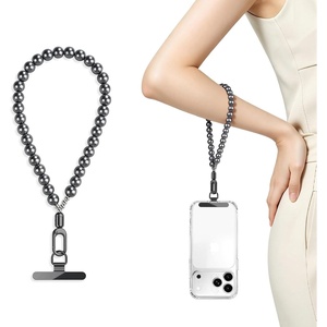 saxsion Beaded Phone Charm, Fixed Beads Pearl Wrist Strap for Women, Anti Theft Phone Chain, with Tether Tab(Premium Gray)