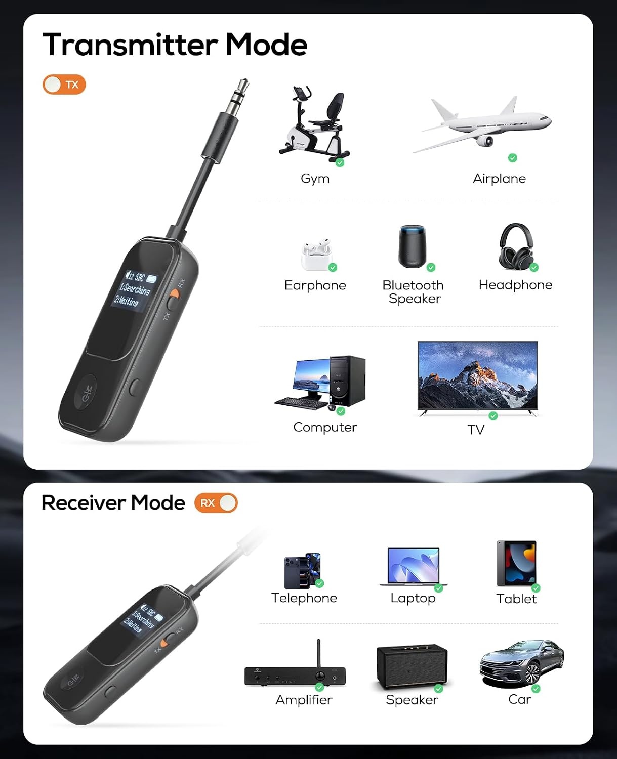 image:imageNulaxy Airplane Bluetooth Adapter 2in1 Transmitter Receiver with ScreenBGlossy Black
